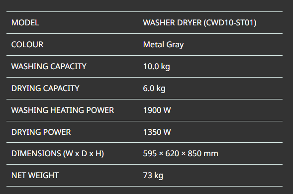 Washer Dryer Specs and Price